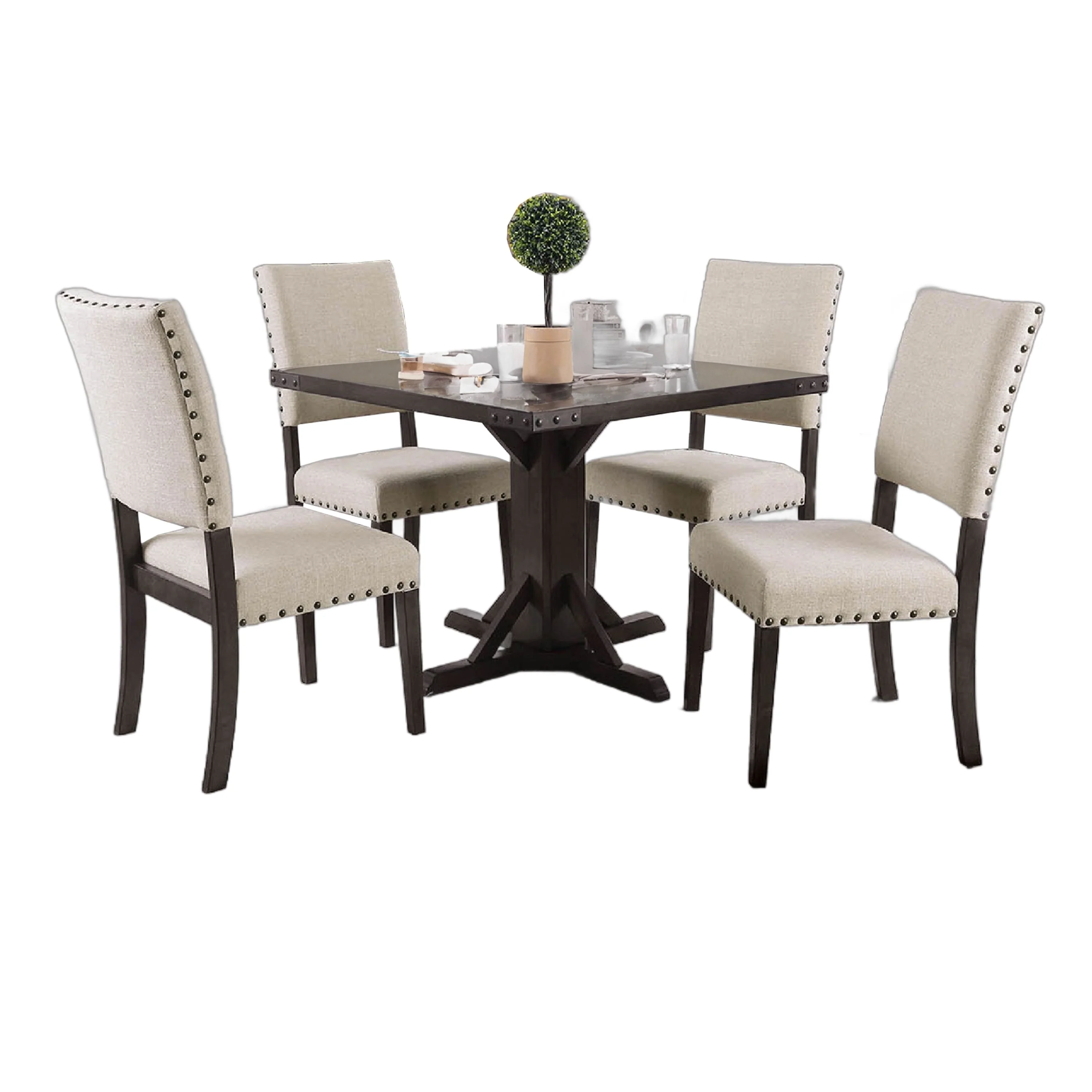 Gllen 5pc Dining Table Set, 4 Ivory Fabric Chairs, Cherry Solid Wood