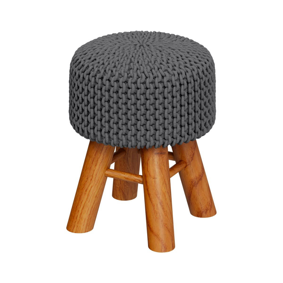 LISA - Petit tabouret rond en tricot coton gris foncé et pieds en bois