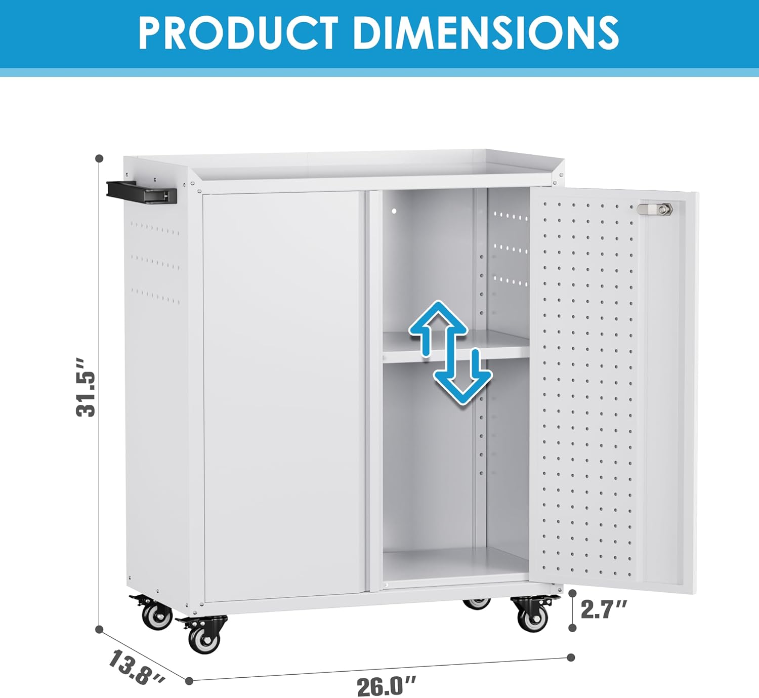 Aobabo 31.5 H Garage Storage Cabinet with Wheels,Lockable Metal Storage Cabinet with 2 Doors for Garage Home Office Storage,White,Assembly Required