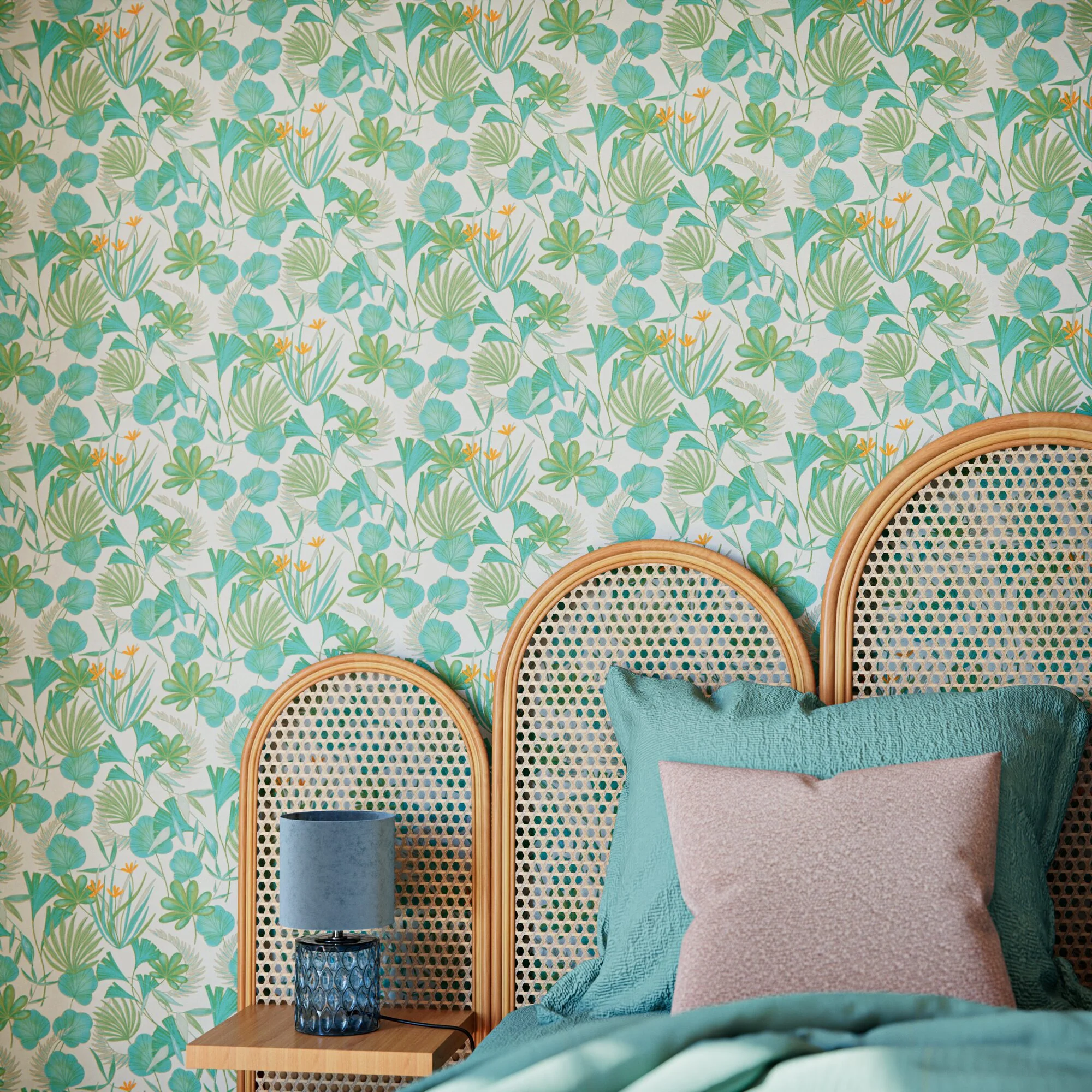 Papier peint intissé CAPUCINE coloris Turquoise et kaki