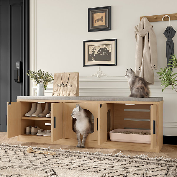 Meuble à chaussures/meuble litière pour chat - 140x40x45,5 cm - Avec griffoir et ventilation - égères réglables - Naturel