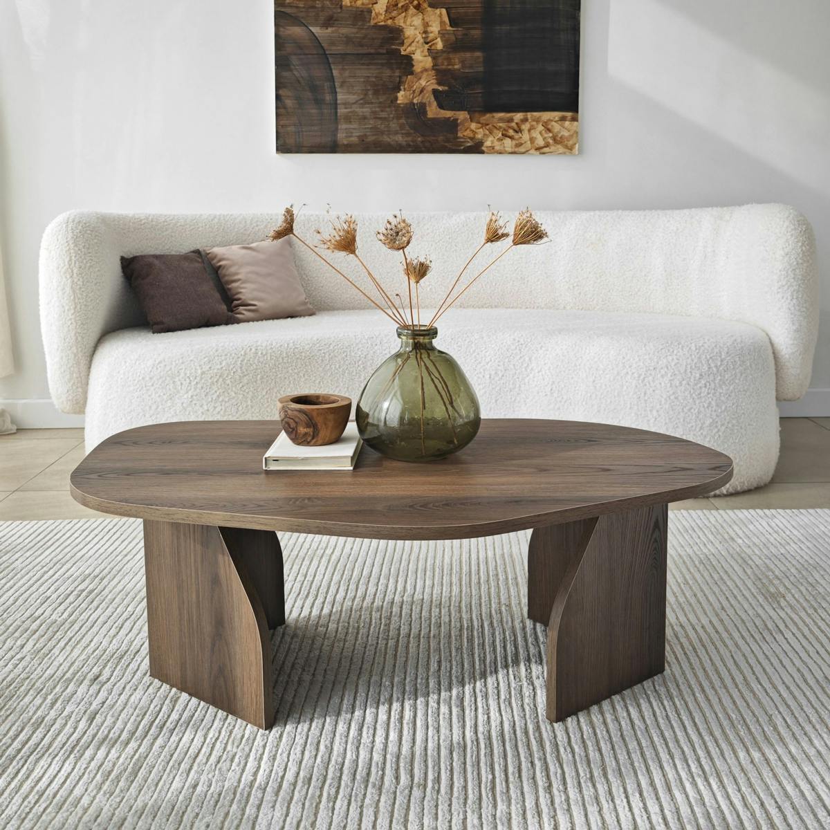 Table basse design effet bois foncé, forme galet MARFA