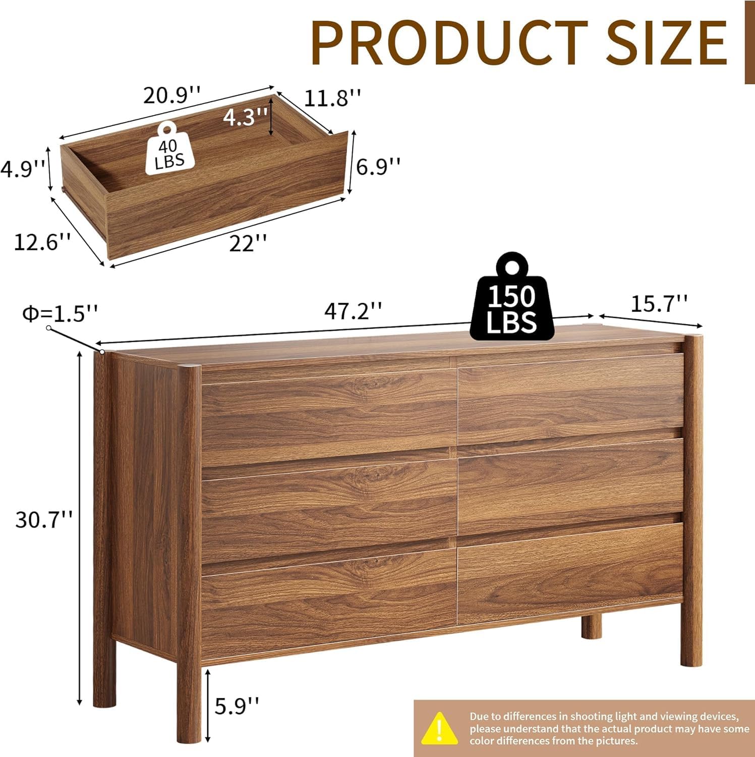 CHUWELL 6 Drawer Walnut Dresser for Bedroom, 47 Wide Mid Century Chest of Drawers with 6 Large Storage Space and 4 Solid Wood Cylindrical Legs, Large Dresser for Bedroom(Walnut)