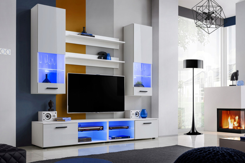 Pan Igiełka - Zestaw Mebli Komplet - Meblościanka RTV z Witrynami LED RGB