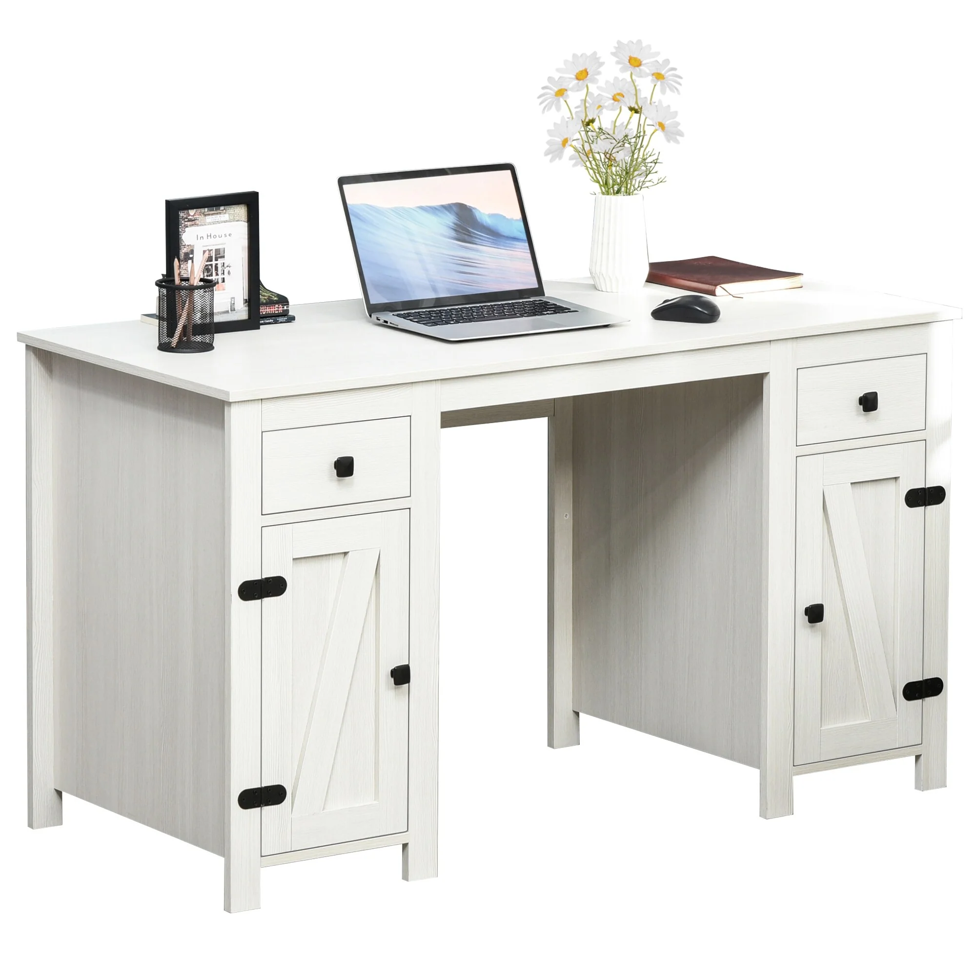 HOMCOM Farm Style Home Office Computer Desk with 2 Drawers, 2 Cabinets with Metal Accent Hardware, White