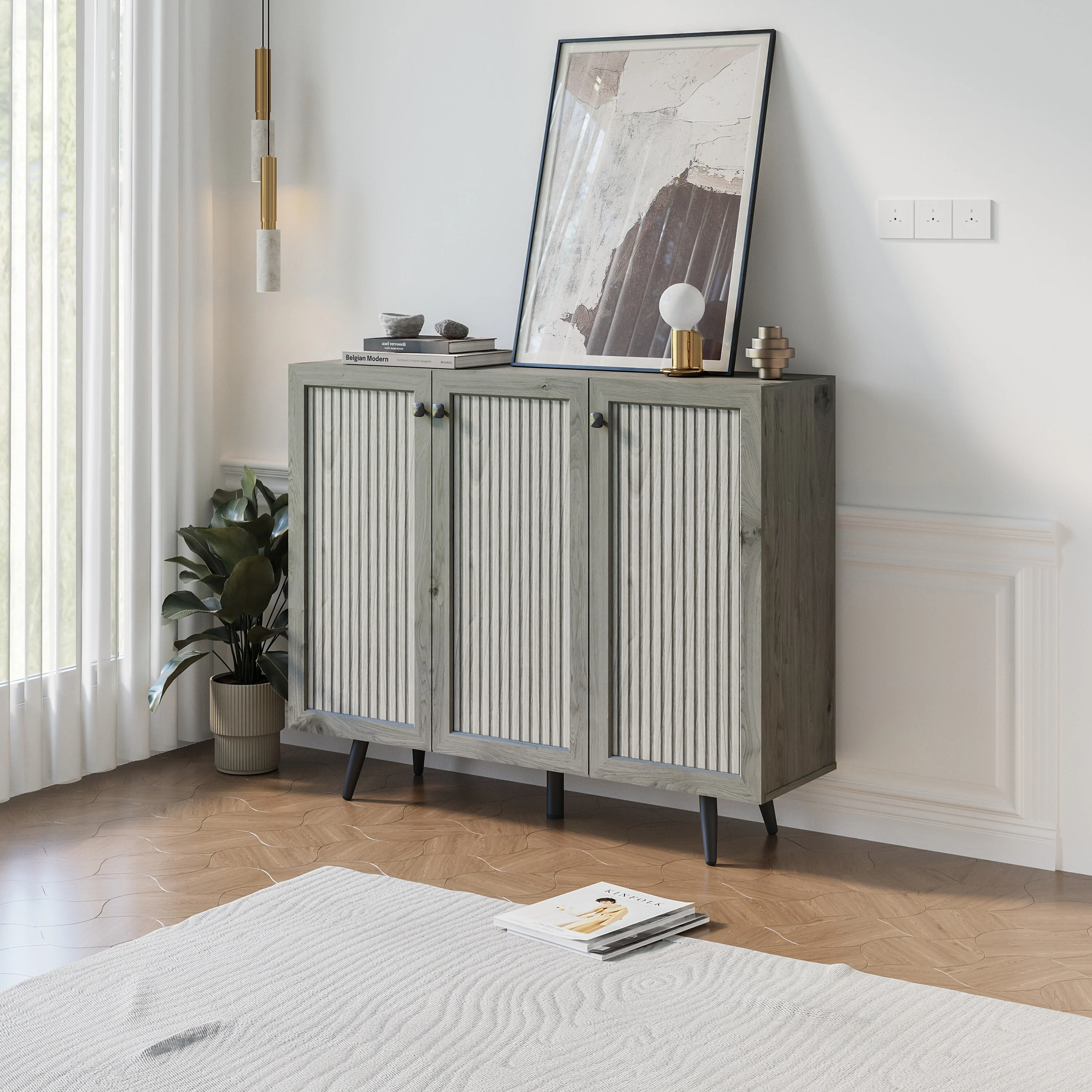 Modern Wood Storage Cabinet with Three Doors and Adjustable Shelf for Kitchen