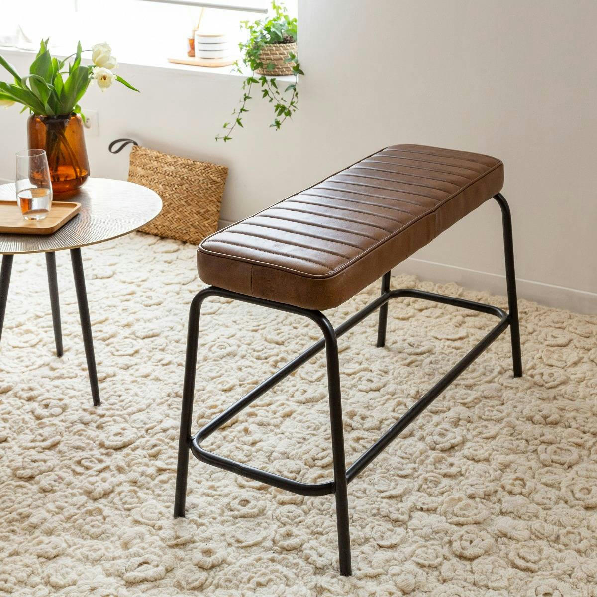 LUCIEN - Banc en cuir et croûte de cuir marron 75 cm