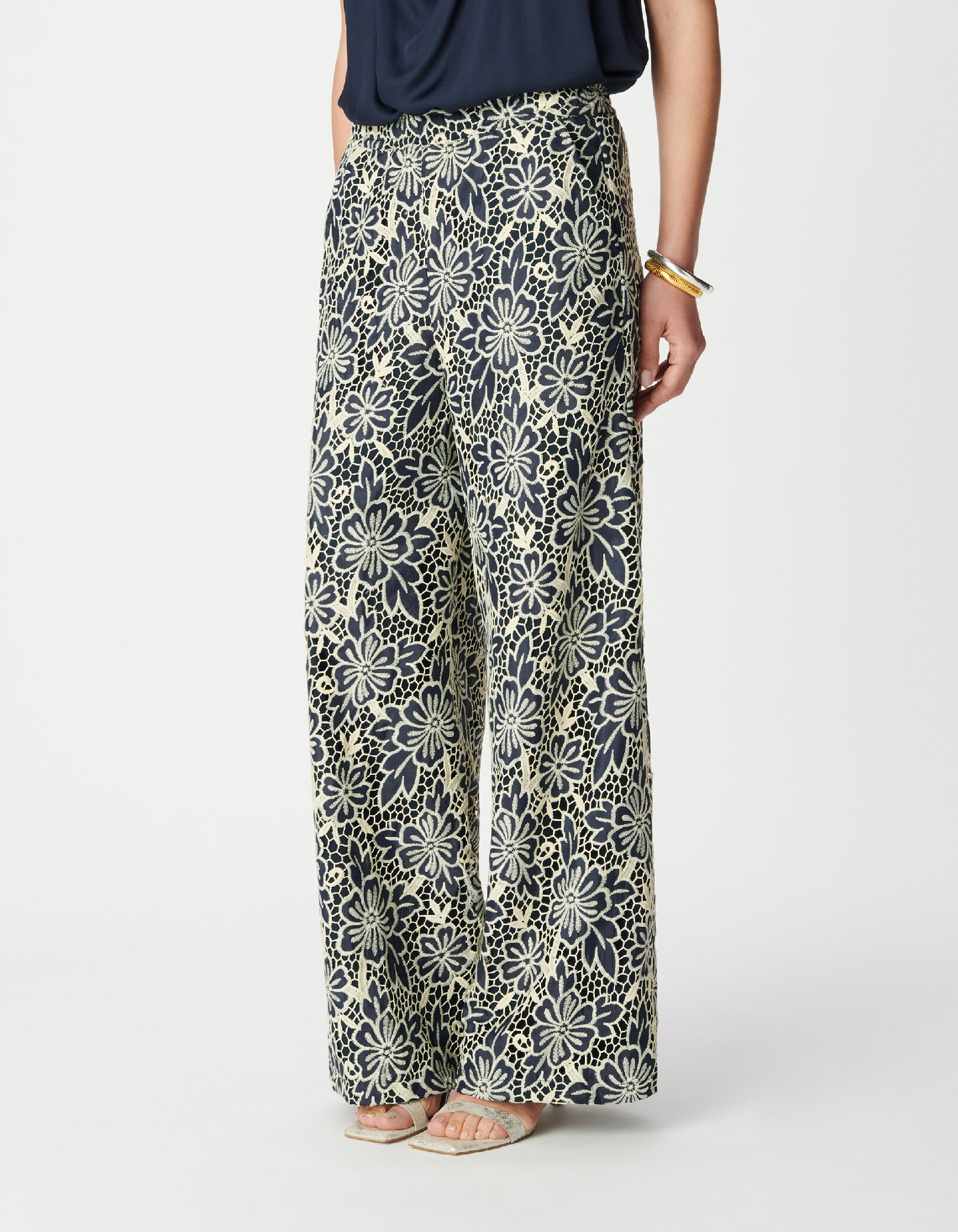 Pantalon marine dentelle écrue Femme