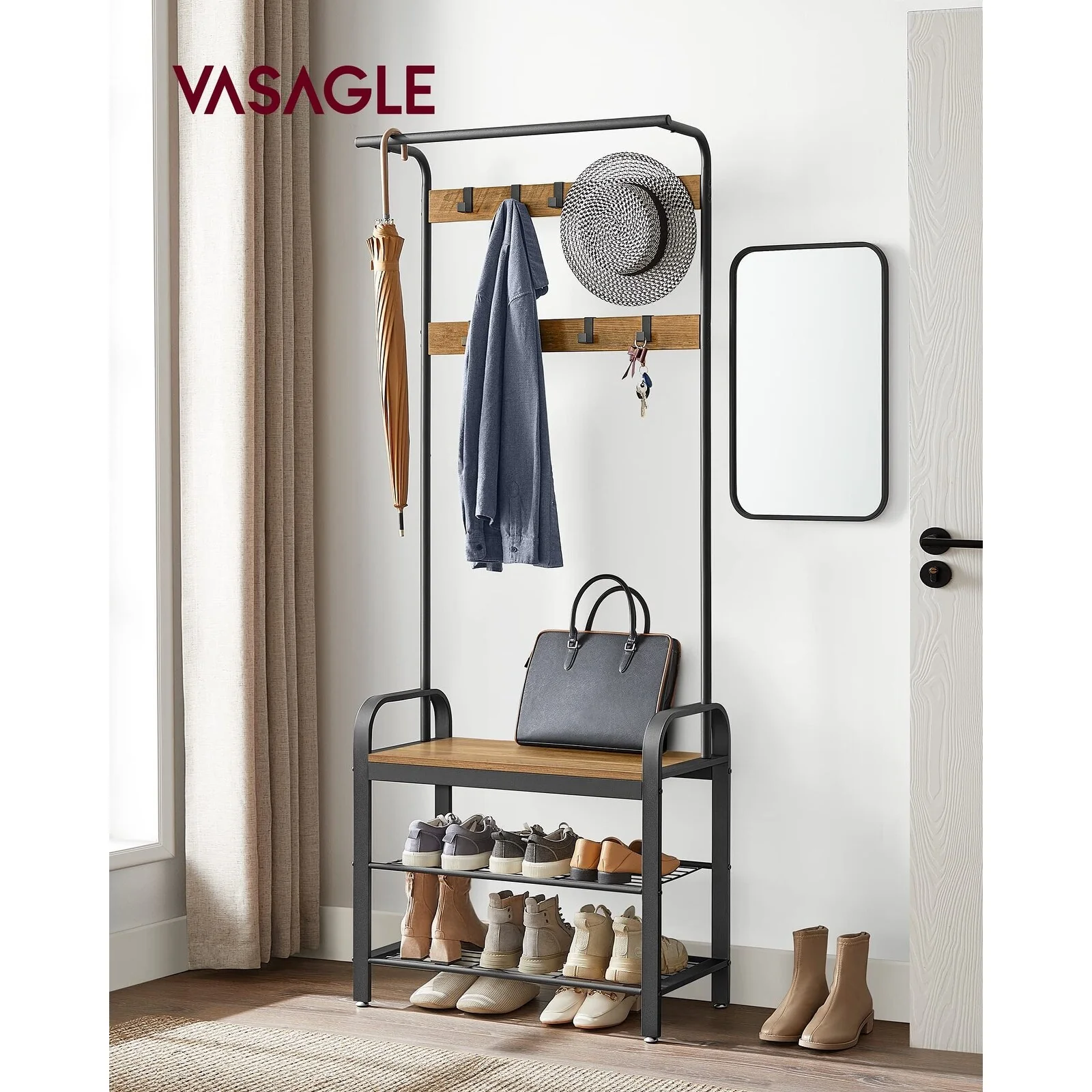 Coat Rack, Hall Tree with Shoe Bench,4-in-1, with 9 Removable Hooks, a Hanging Rod, 13.3 x 28.3 x 72.1 Inches
