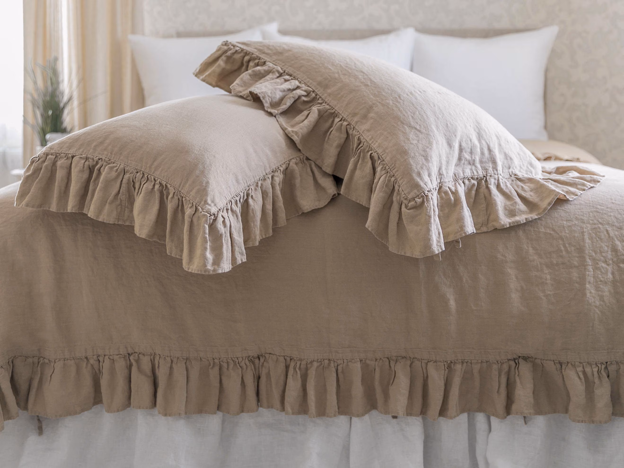 Linen Duvet Cover Frilled French Vintage Stone Washed 100% Flax Super Soft Antibacterial Natural Organic Luxury or 3 pcs Set King Queen