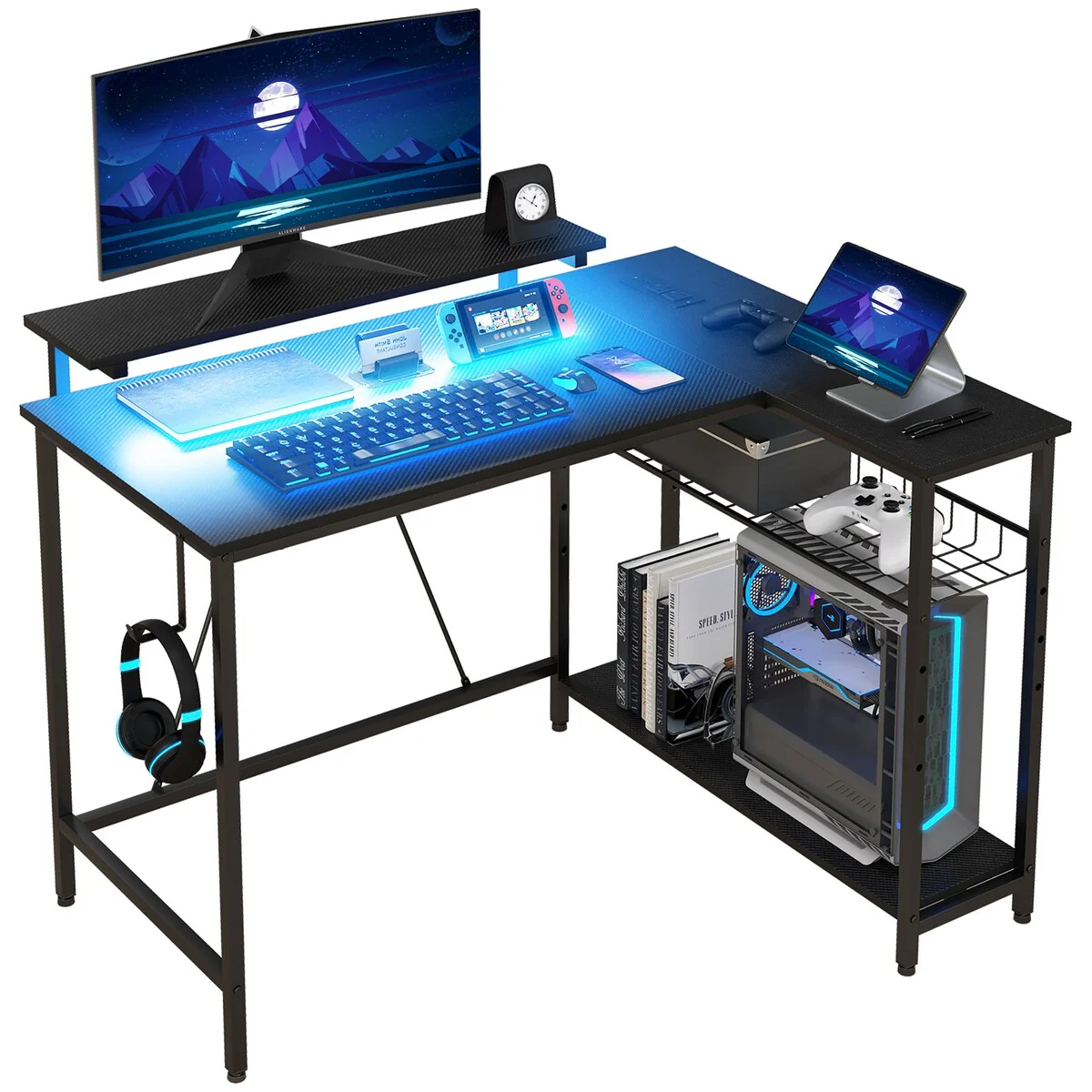 HOMCOM 42 L Shaped Desk with LED Lights, Power Outlet, USB Charging Ports, Reversible L Shaped Computer Desk