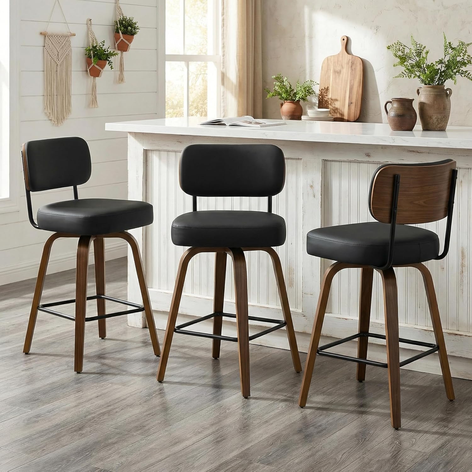 Swivel Bar Stools Set of 3, 26 Upholstered Counter Height Bar Stools with Back and Walnut Wood Legs, Faux Leather Barstools for Kitchen Counter, Black