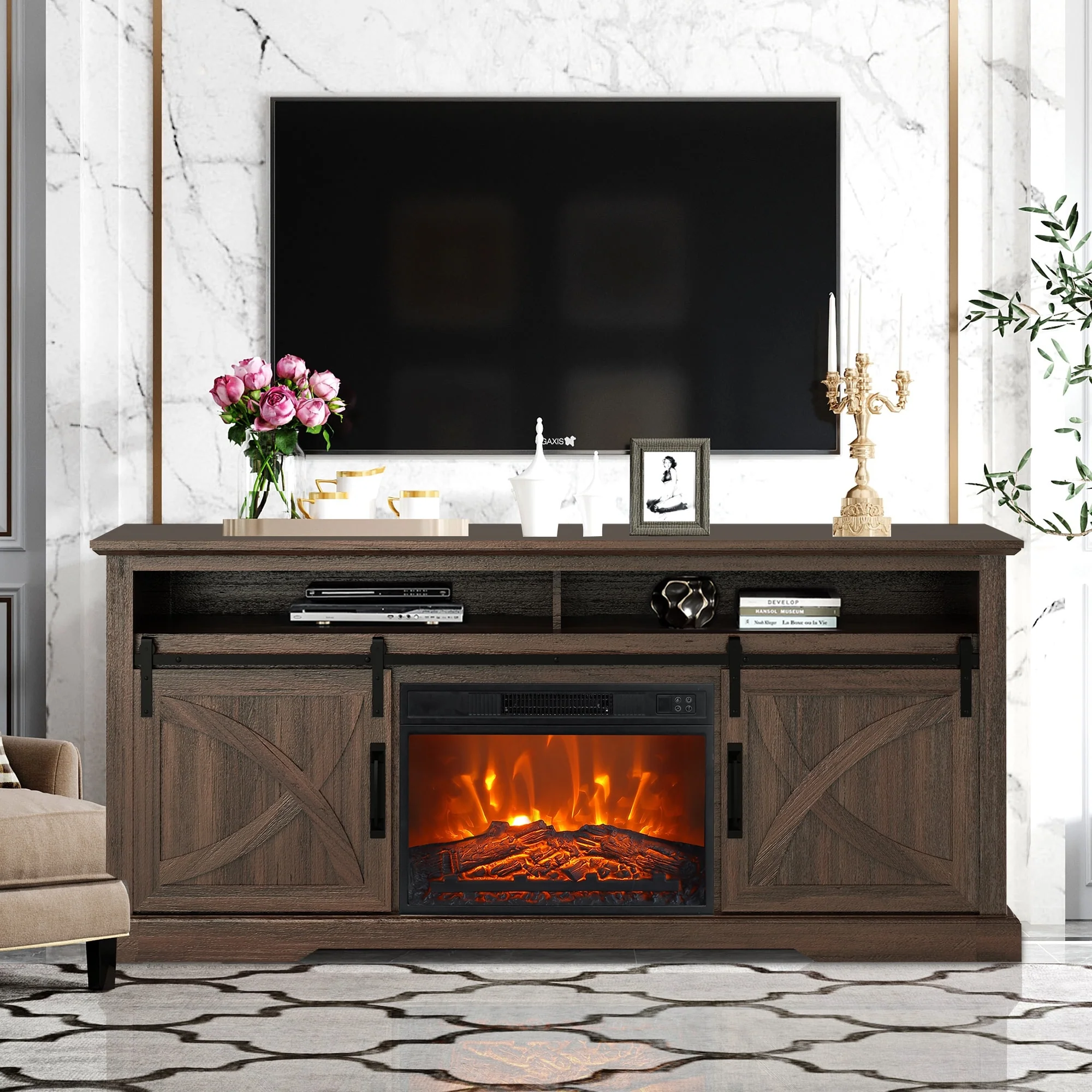 68 Farmhouse Dark Brown Electric Fireplace TV Stands Console for 78-inch TV with Remote