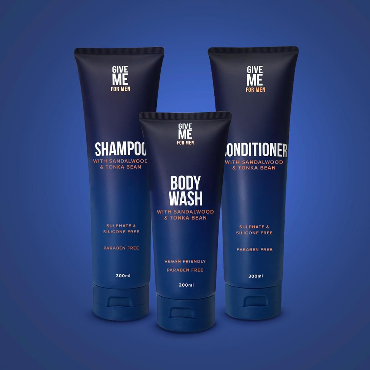Give Me Mens Shower Set - Shampoo Conditioner & Body Wash - Sandalwood & Tonka Bean