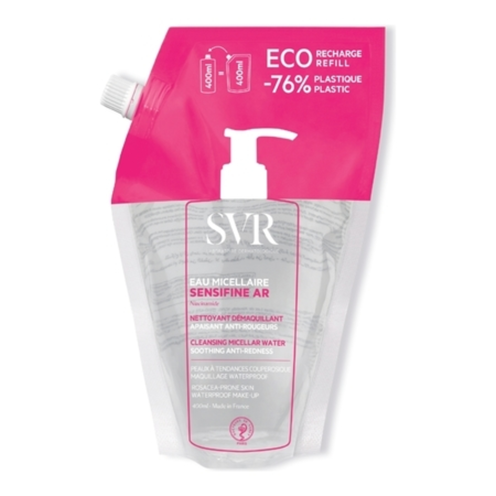 SENSIFINE AR EAU MICELLAIRE ECO-RECHARGENettoyant démaquillant apaisant anti-rougeurs. Visage, yeux et lèvres
