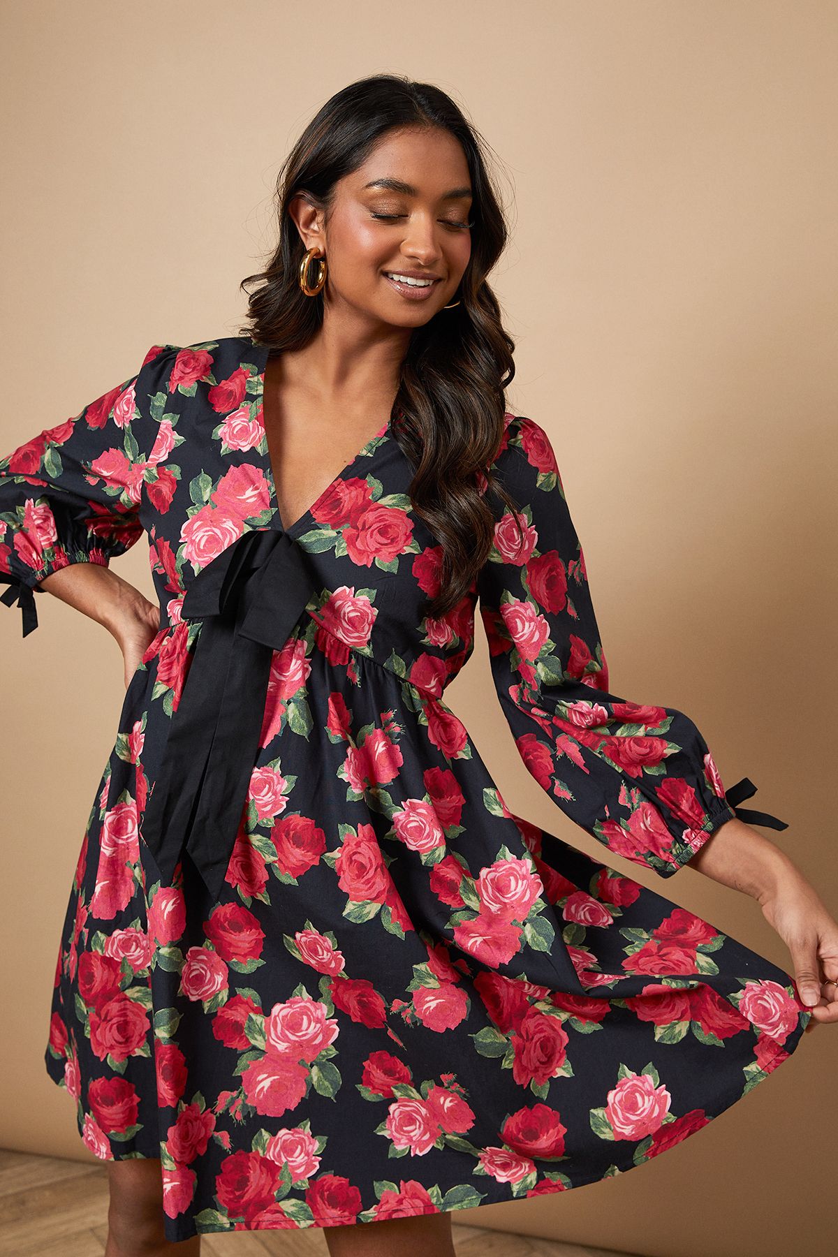 Oasis Rose Printed Poplin Contrast Bow Detail Mini Dress