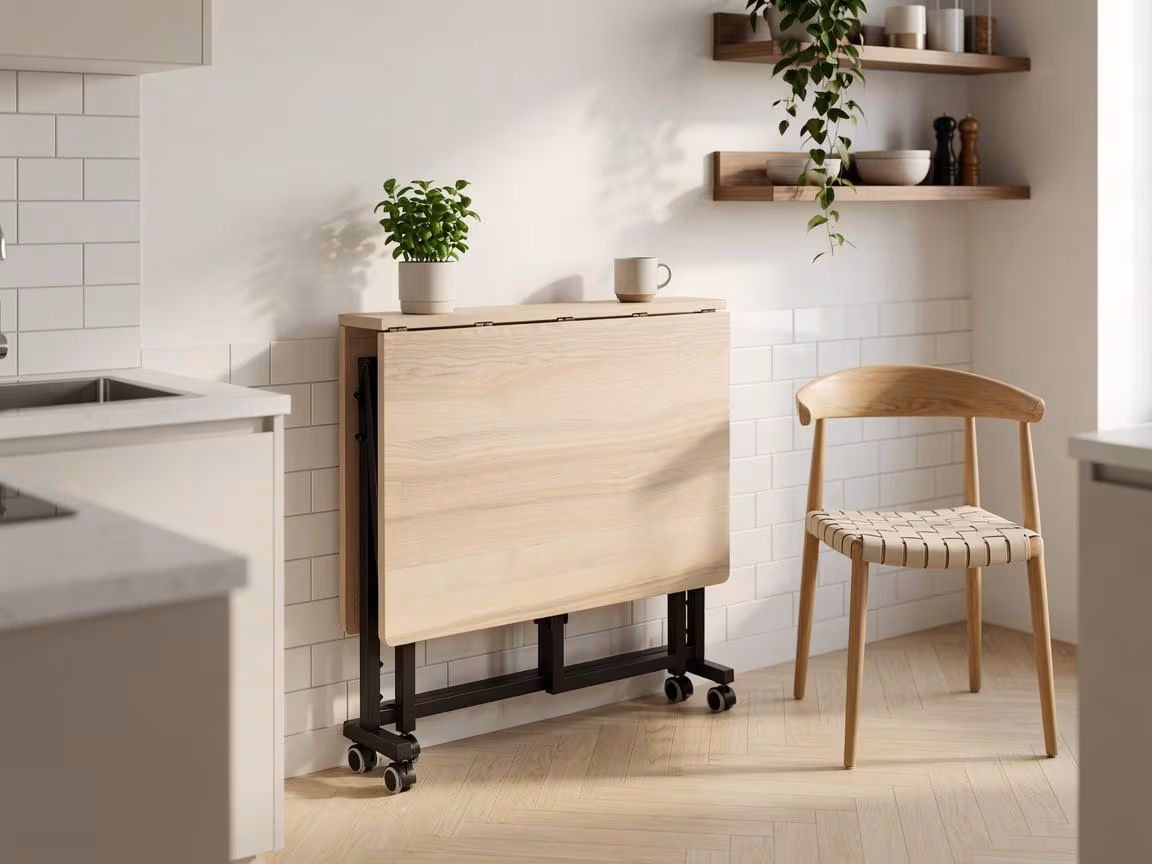 White Finish Drop Leaf Table | Rolling Folding Dining Table | Space Saving Kitchen Table | Solid Wood Top