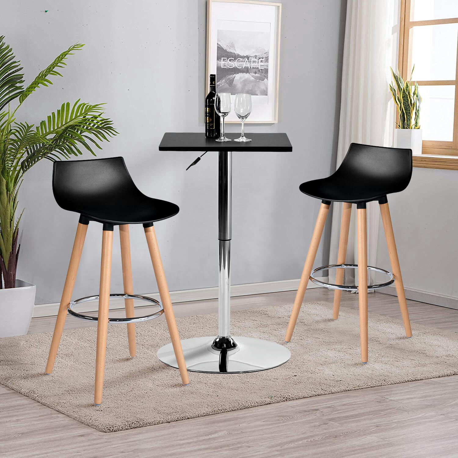 NOIR - Lot de 2 tabourets de bar scandinaves en résine noir et pieds en bois