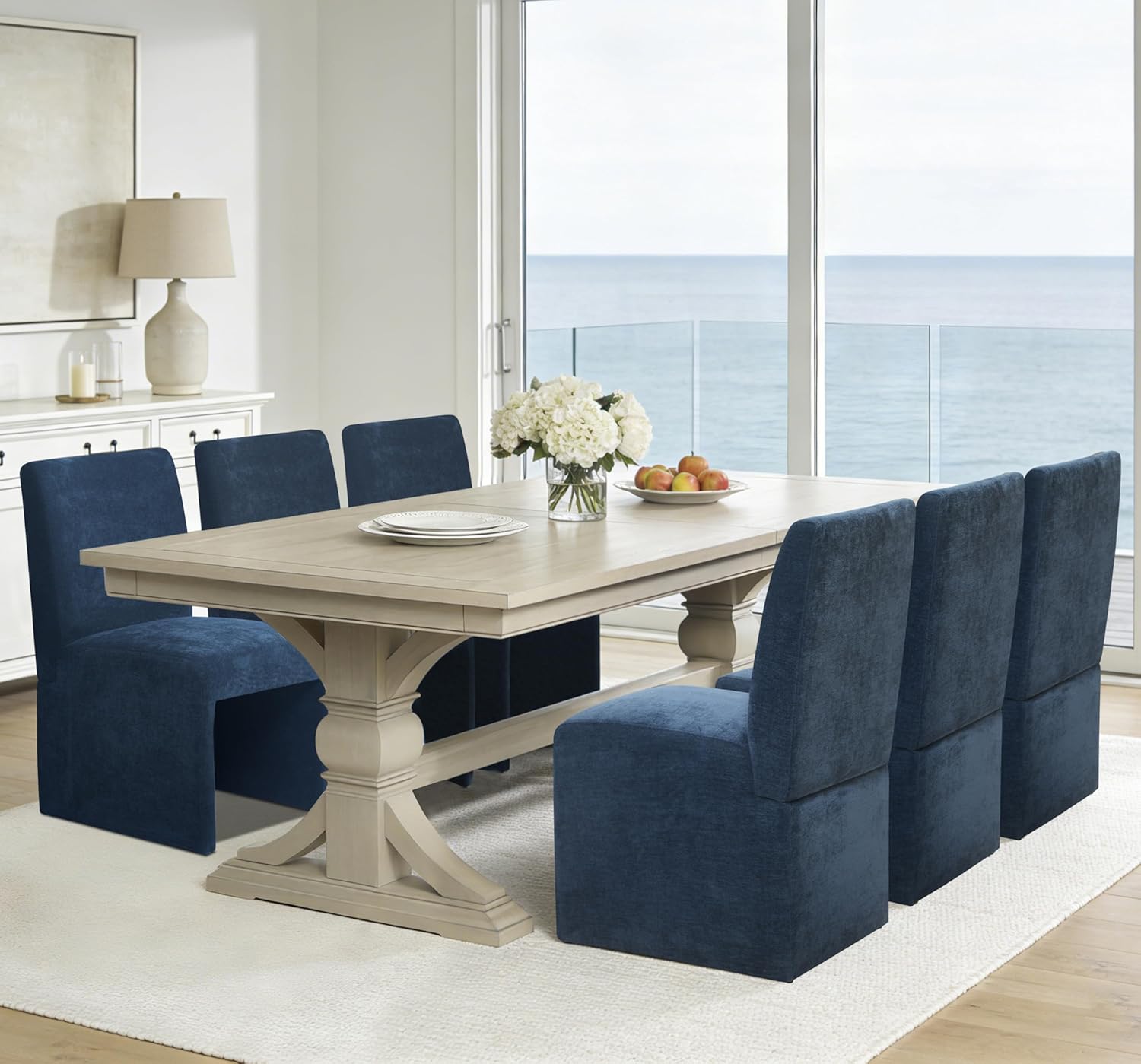 RNKSFX Blue Upholstered Dining Chairs Set of 6, Kitchen & Dining Room Chairs, Mid Century Modern Chairs, Linen Dining Chairs with Wooden Frame, Fabric