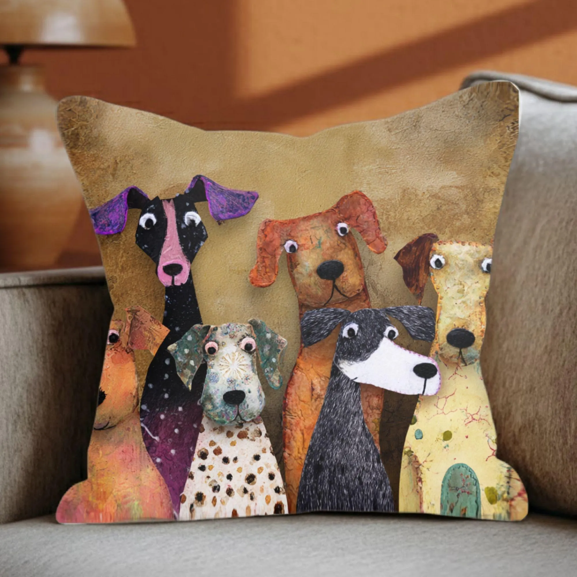 Whimsical Dog Friends Art Pillow, Playful Mixed Breed Illustration Cushion, Colorful Pet Lover Decor, Cheerful Animal Home Accent