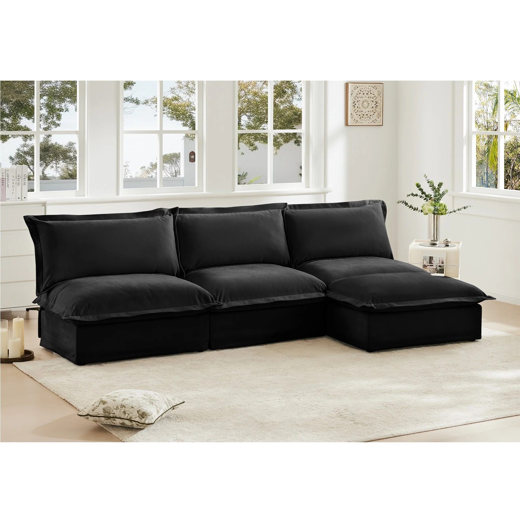 Slipcovered 3 Seater Armless Modern Upholstered Modular Armless Sectional with Reversible Ottoman