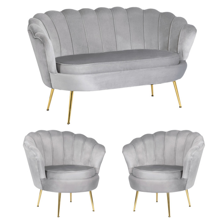 Zestaw Sofa Szara i 2 Fotele Muszelka Meble Wypoczynkowe Glamour Złote