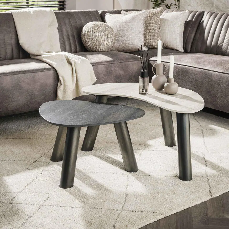 Salontafel Organisch Zwart/Grijs Travertin - Set Van 2 - Twin
