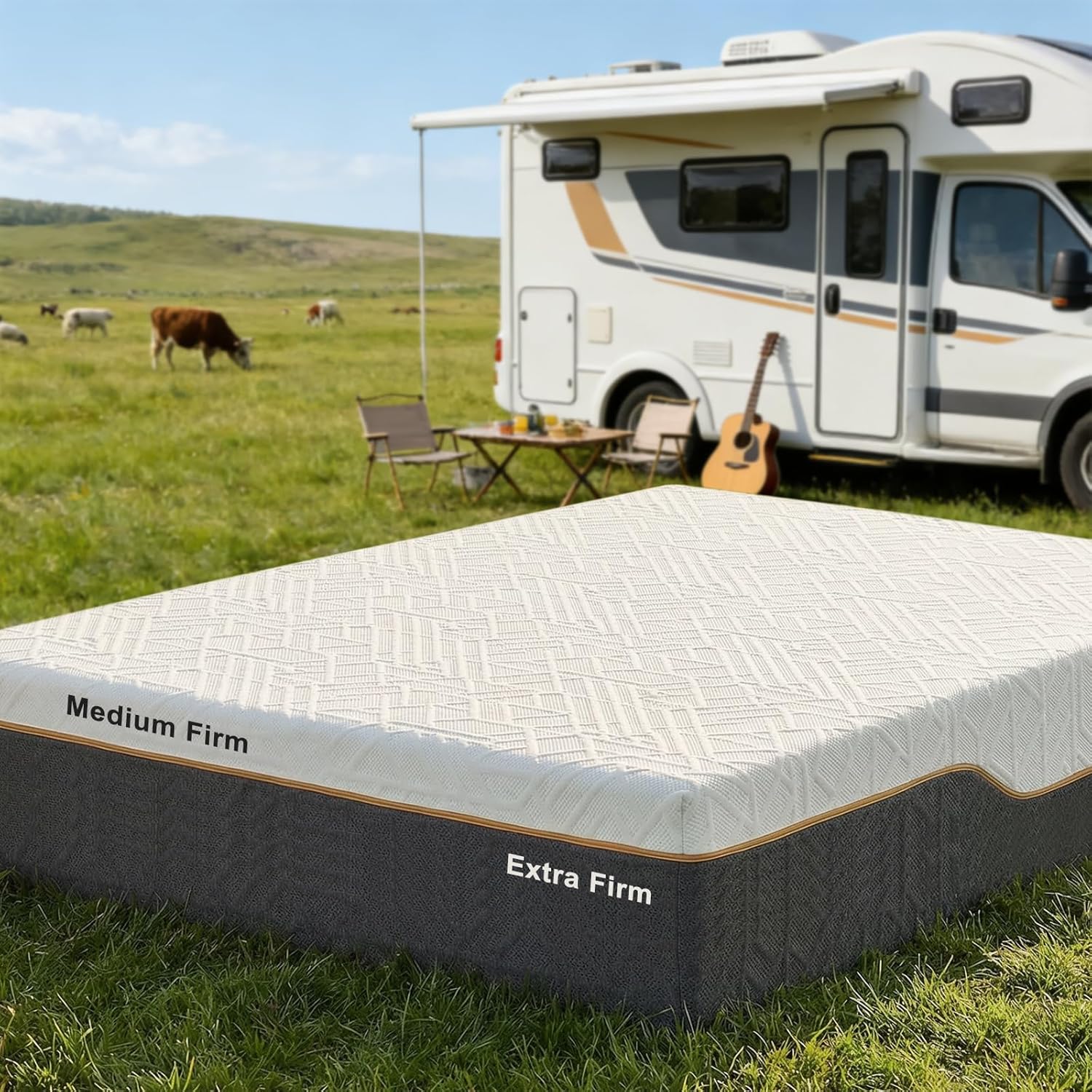 Extra Firm RV Mattress 10-Inch: Extra & Medium Firm Dual Firmness Flippable, Double Sides Sleep Memory Foam Mattress for Back Pain, Removable Ice Silk Cover, CertiPUR-US Certified, Short Queen 75x60
