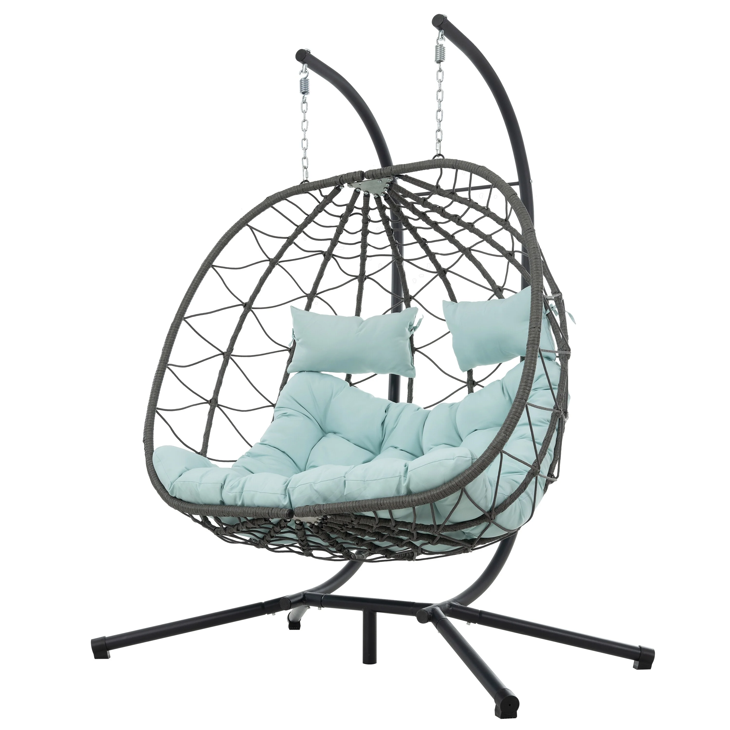 Outdoor Two-Person UV-Resistant Wicker Hanging Egg Chair Swing Chair with Stand & Water-Resistant Cushions