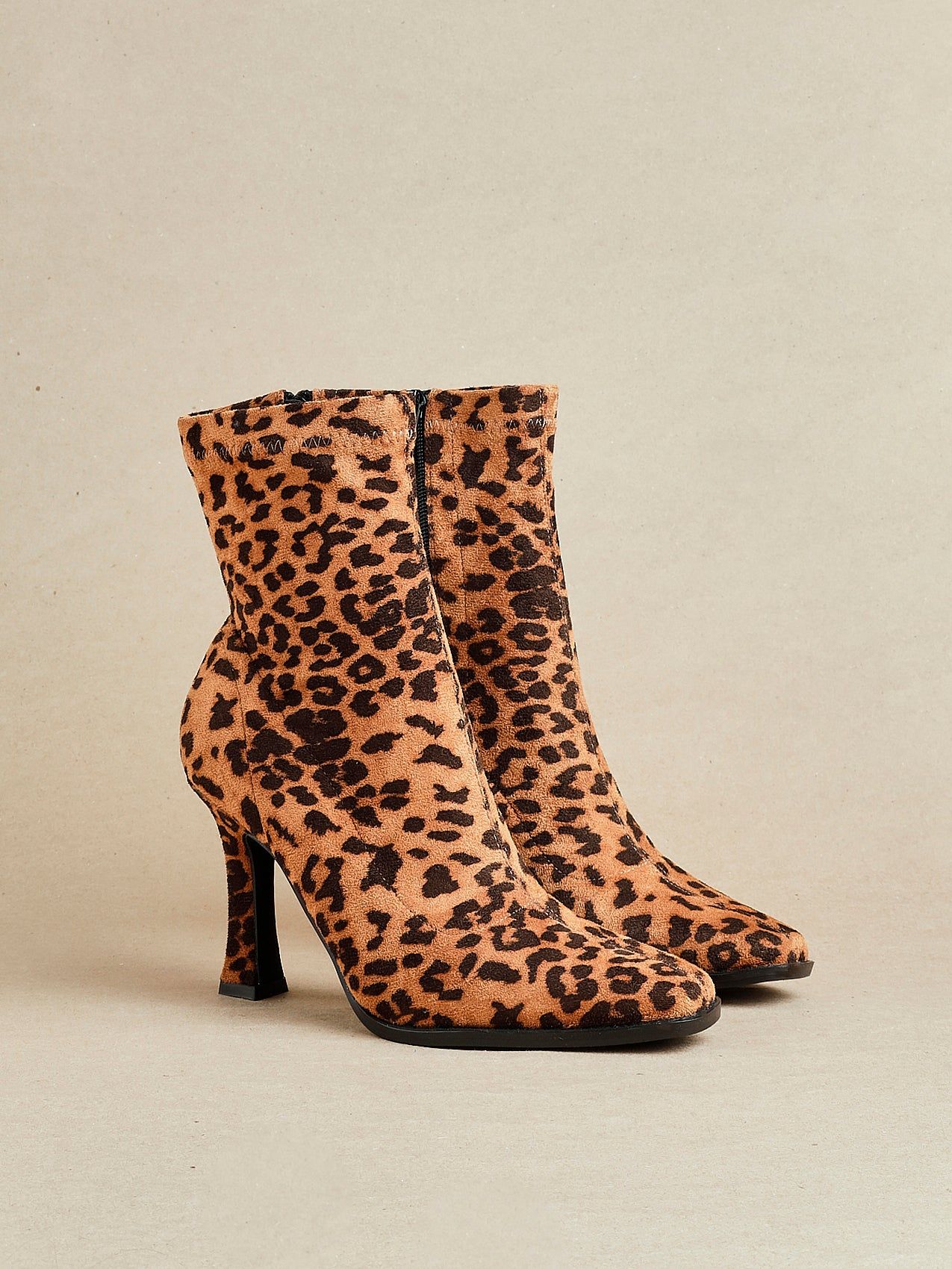 Linzi Noelle Leopard Print Square Toe Heeled Sock Boot