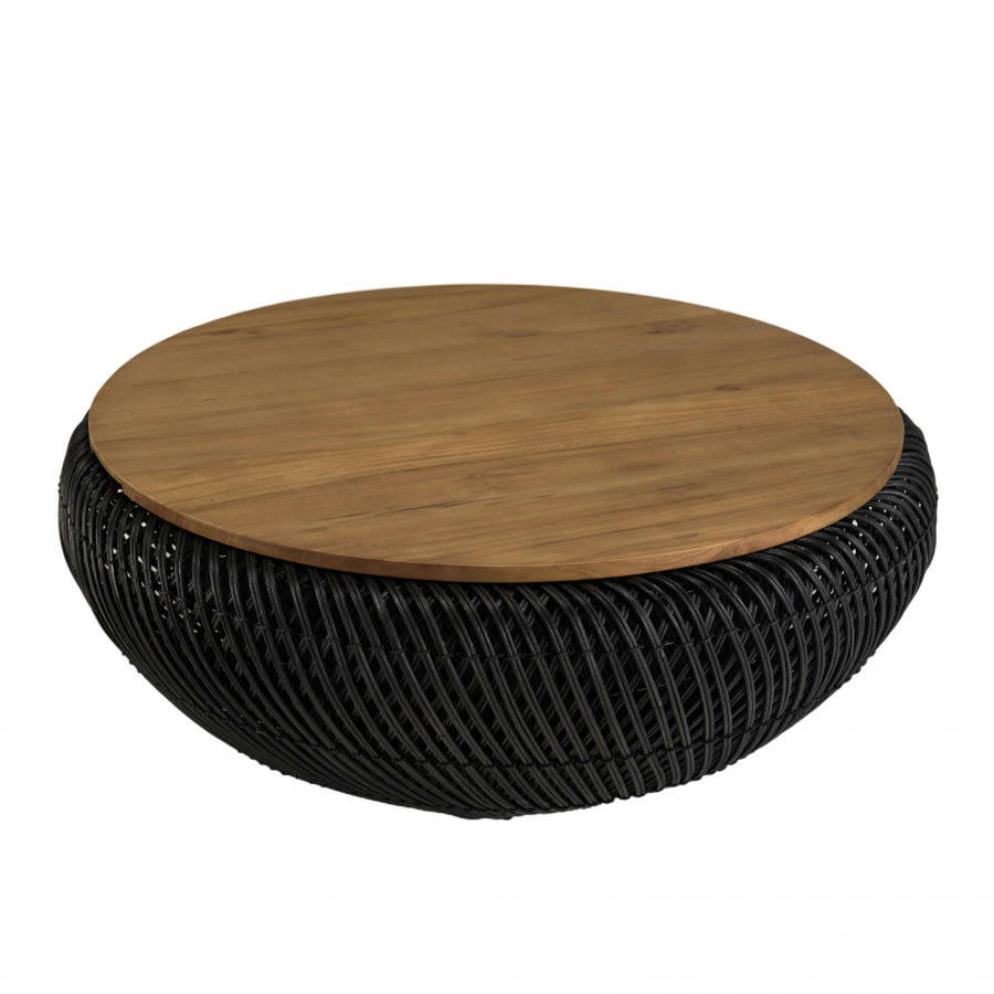 ALIDA - Table basse ronde en rotin noir plateau amovible D81