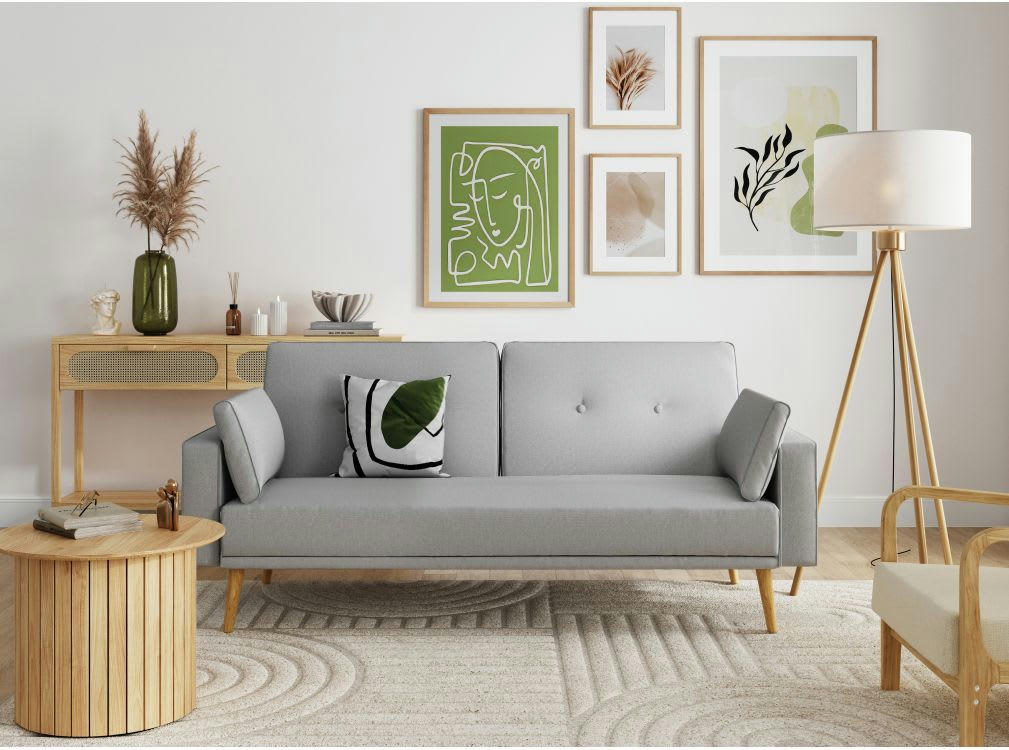 ELGA - Canapé droit convertible style scandinave en tissu gris clair