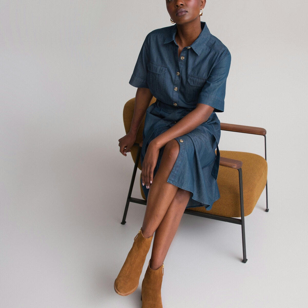 Robe denim évasée, longueur midi, 3/4