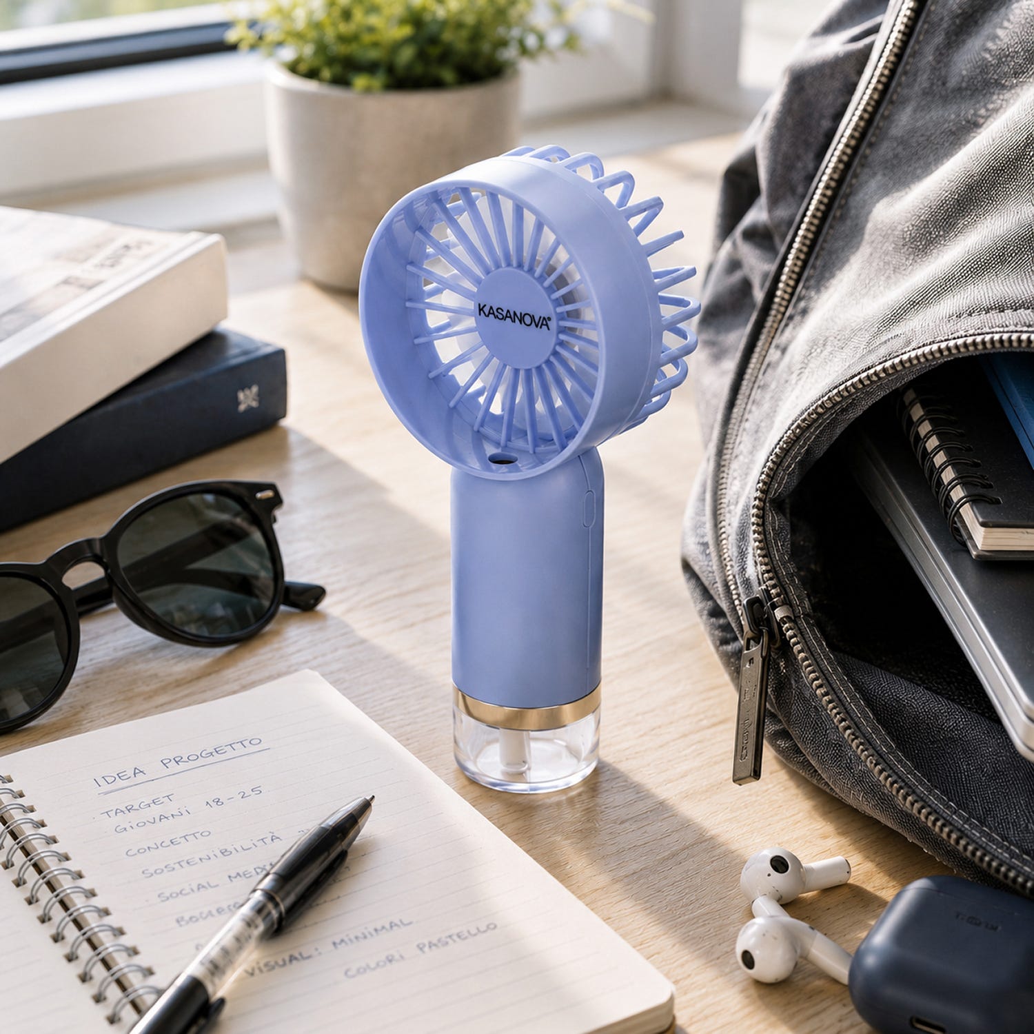 Mini ventilatore con nebulizzatore azzurro