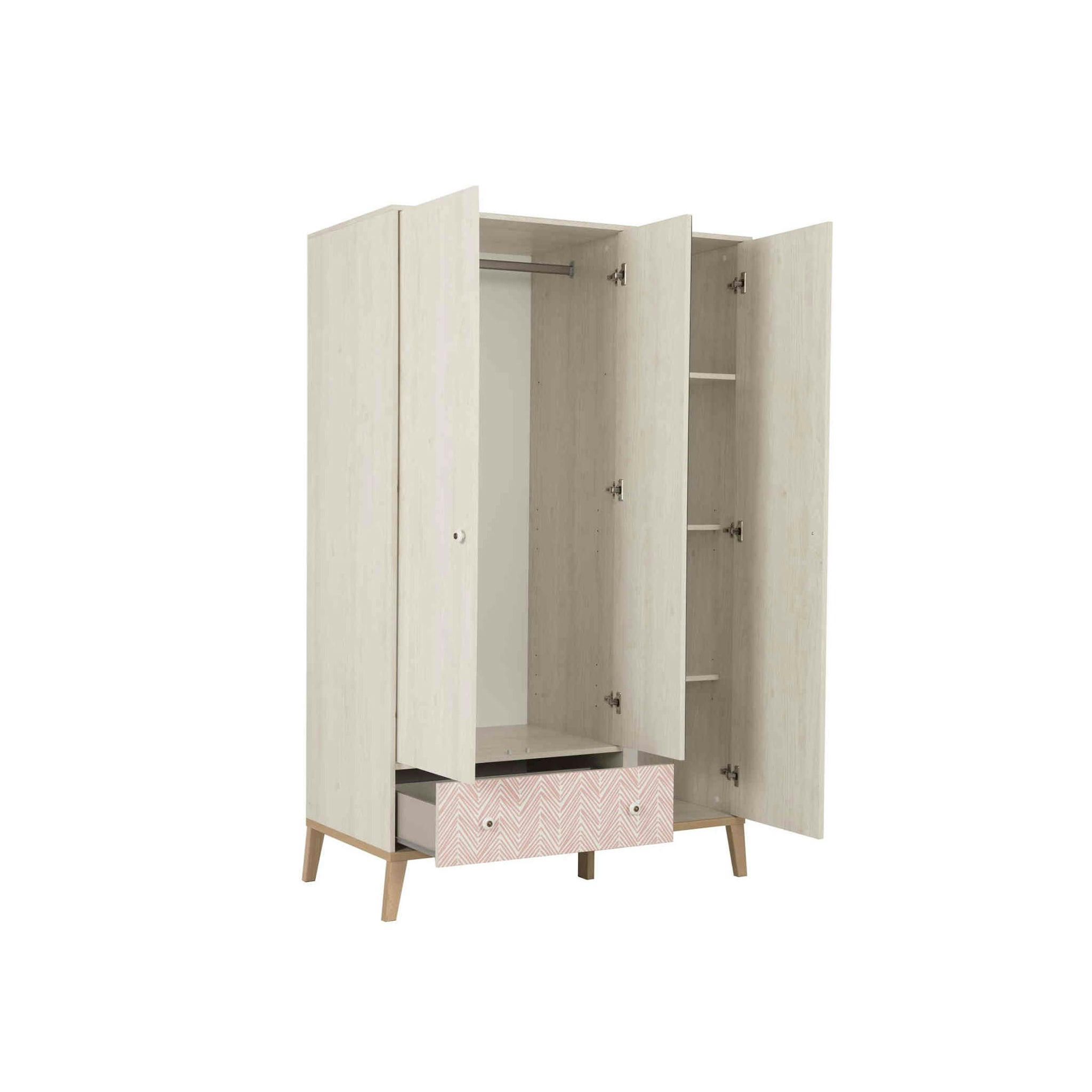 - Armoire 3 portes 1 tiroir en bois imitation chêne blanchi