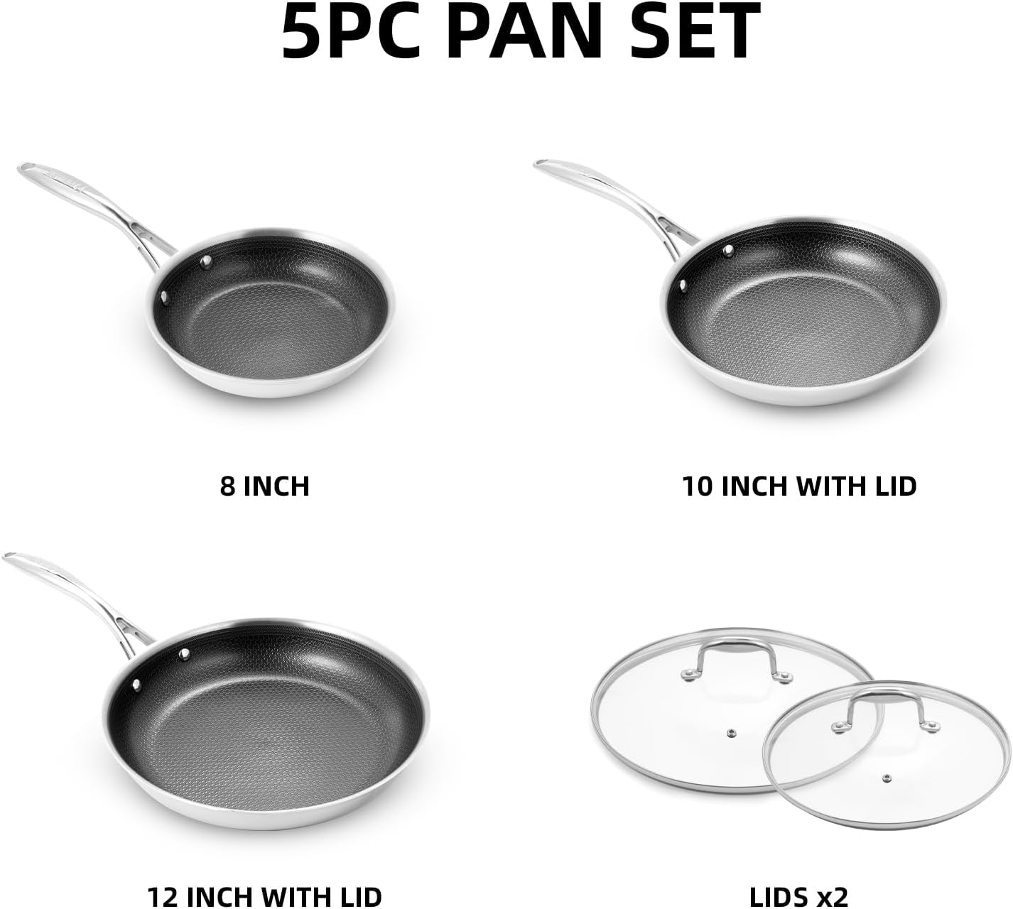 DELUXE Hybrid Ceramic Nonstick 5-Piece Fry Pan Set,8,10,12 Inch Frying Pans with Tempered Glass Lids,Stay-Cool Handles, Dishwasher Safe, Works on All Stovetops (Induction, Gas, Electric)
