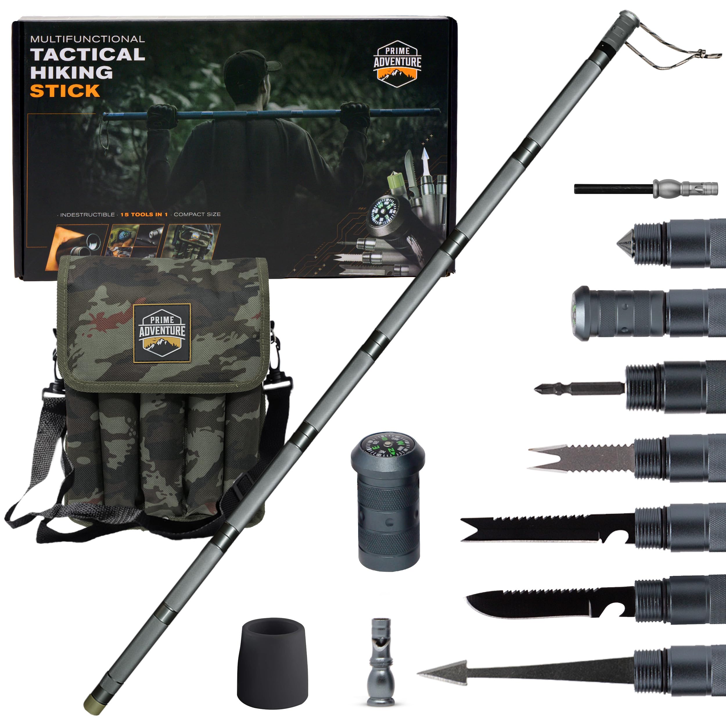 PRIME ADVENTURE 15-in-1 Tactical Survival Walking Stick & Hiking Staff