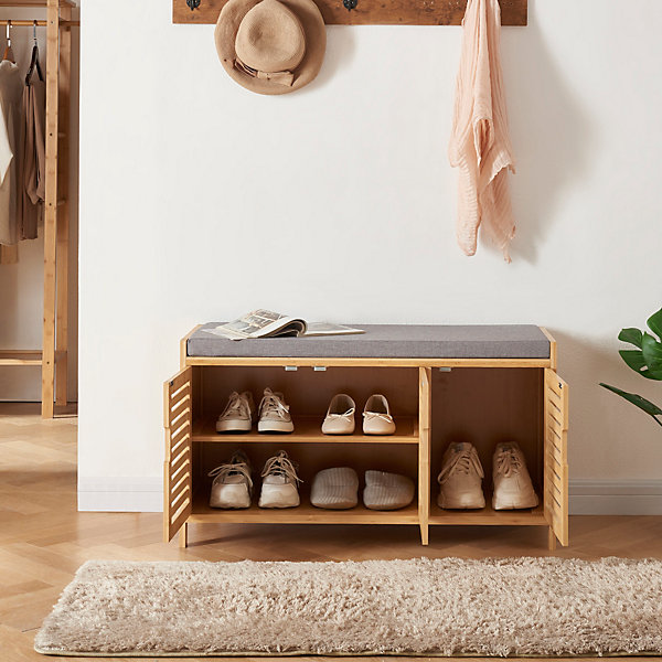Banc à chaussures Selk bambou 50 x 90 x 35 cm naturel gris en.casa