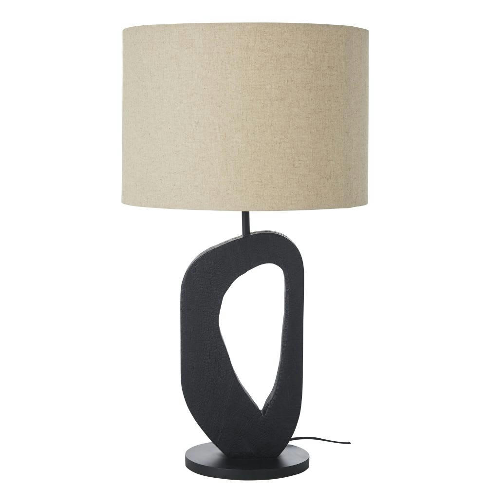 MACHA - Lampe en acacia noir et abat-jour en lin beige