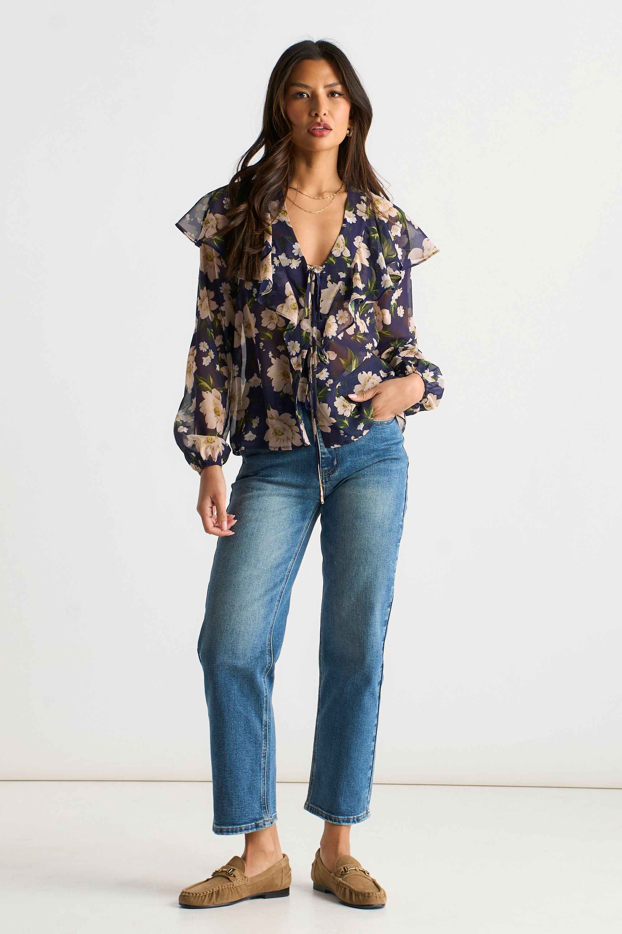 Gini London Navy Floral Ruffle Front Blouse