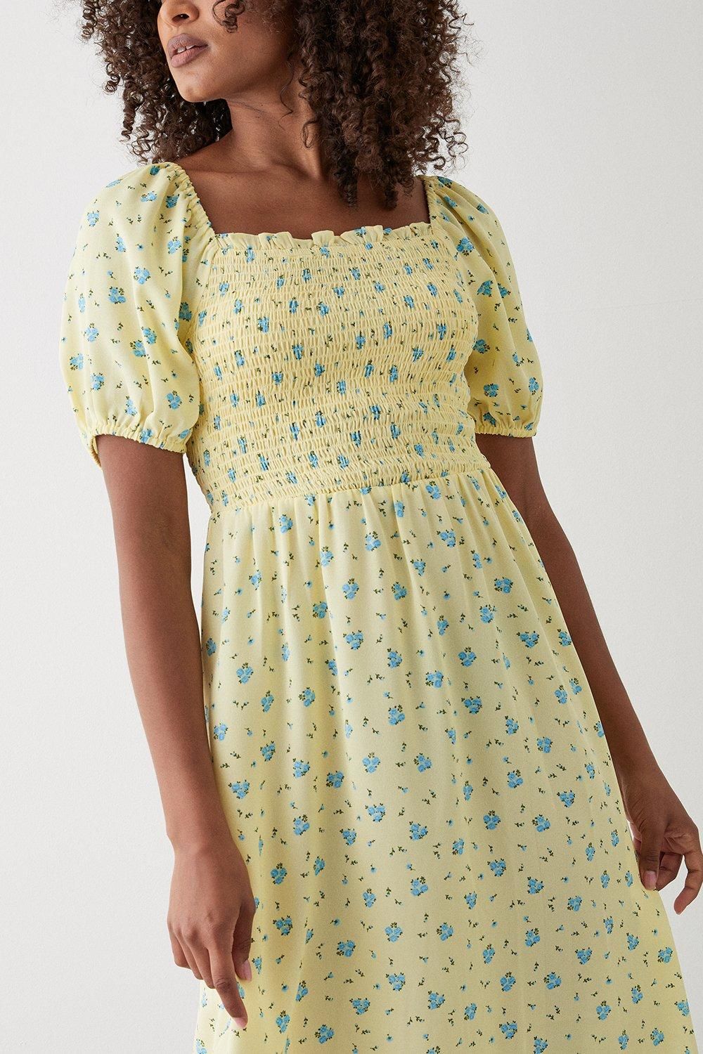 Dorothy Perkins Yellow Ditsy Floral Shirred Midi Dress