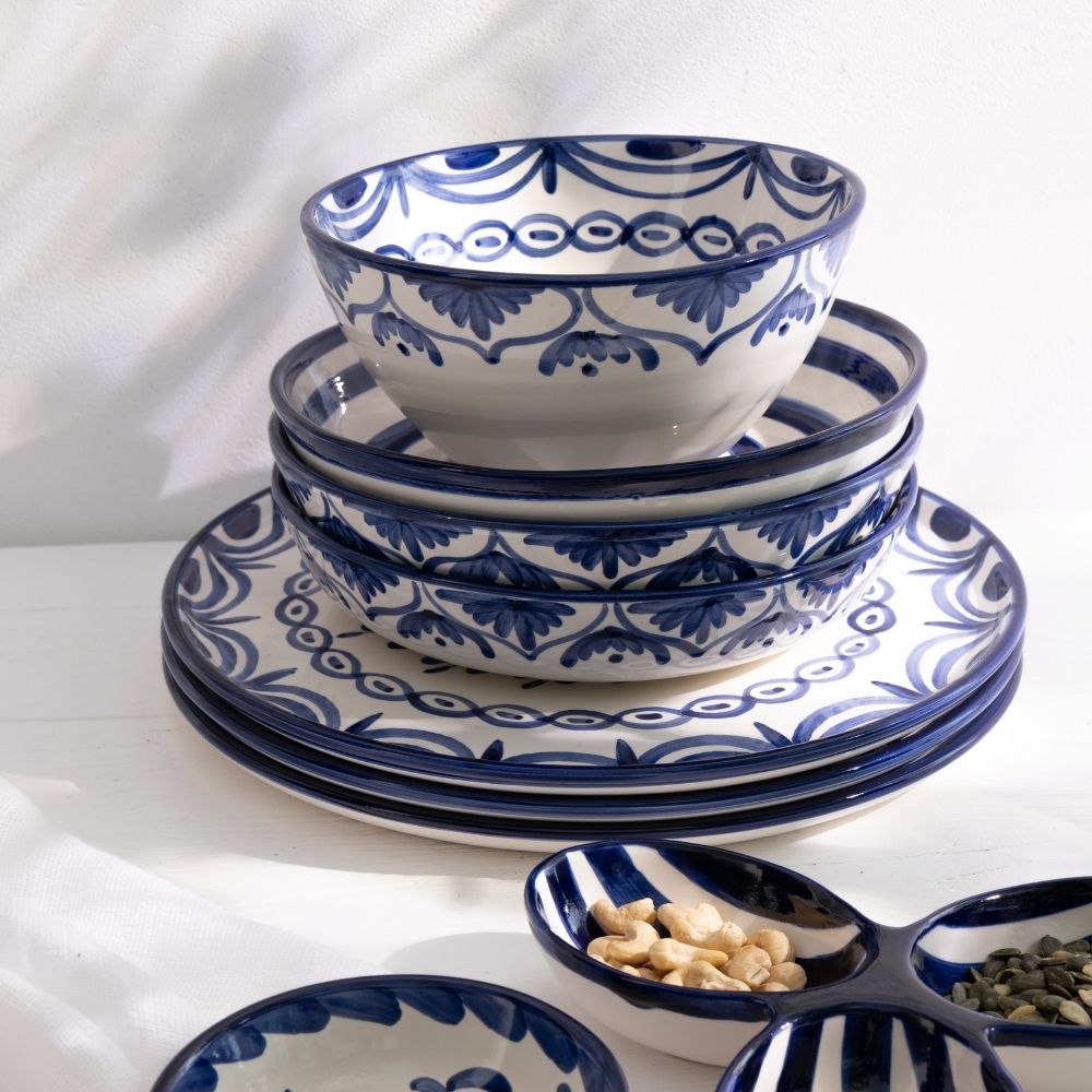 J-Line kom Granada Stripes High - keramiek - wit/blauw - small - Ø 14 cm