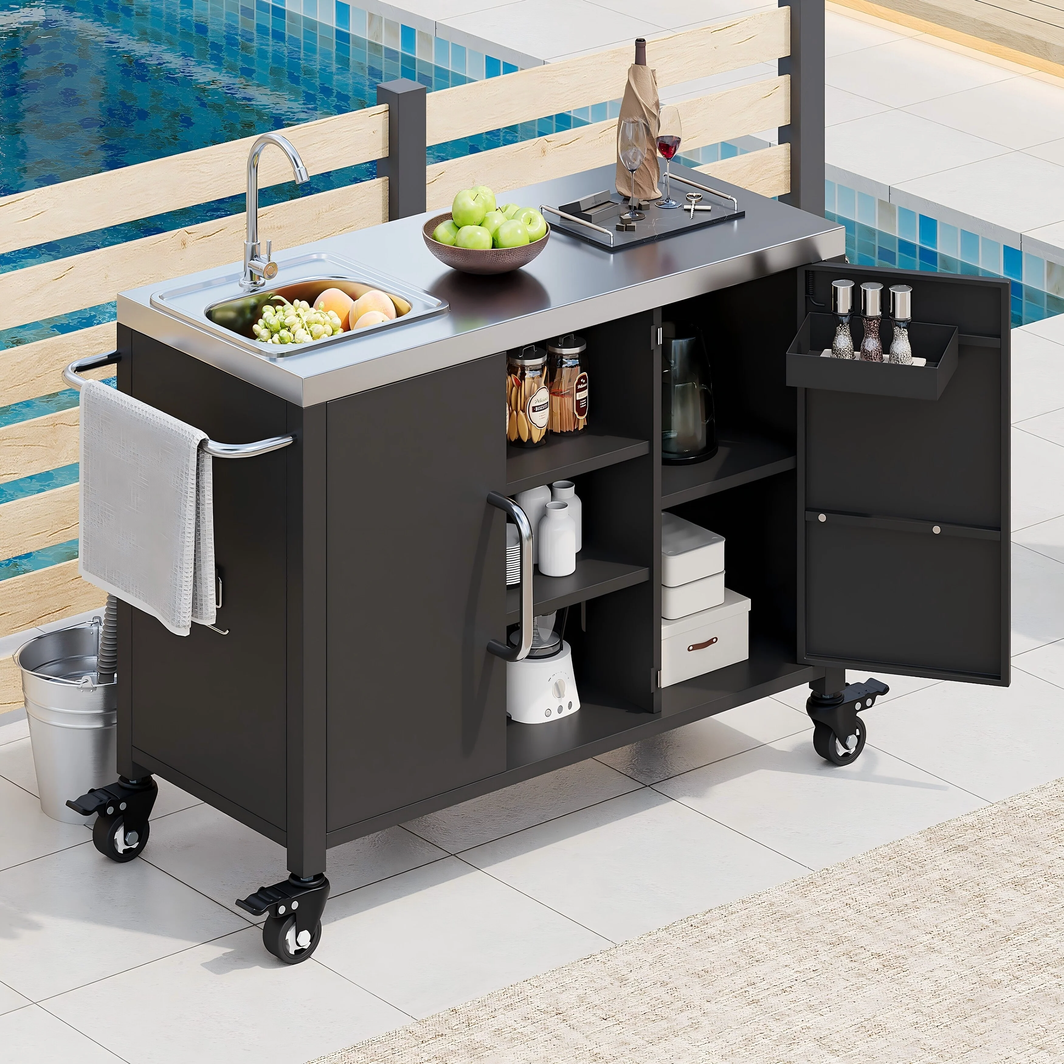 Metal Tabletop Kitchen Island with Stainless Steel Sink, Built-in Partition and Rolling Grill Cart, Pantry Storage Cabinet