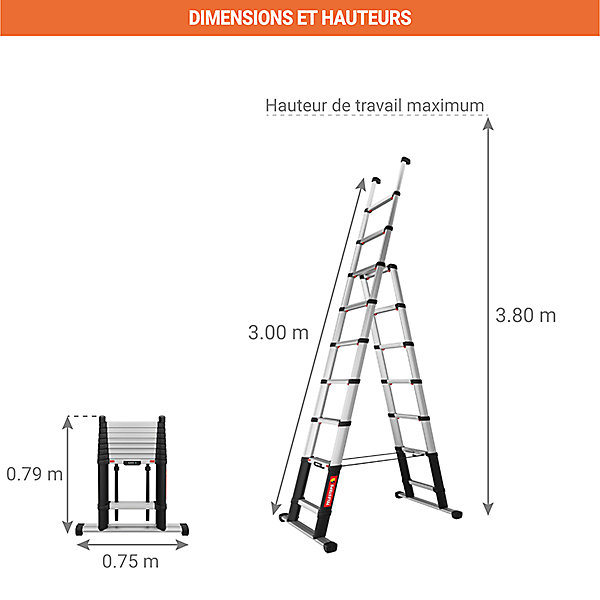 Escabeau télescopique - Hauteur max. de travail 3.80m - TEL-72430