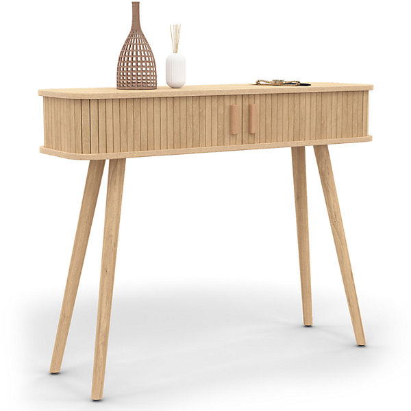Console 2 portes coulissantes ROMIE lattes tasseau bois coloris chêne