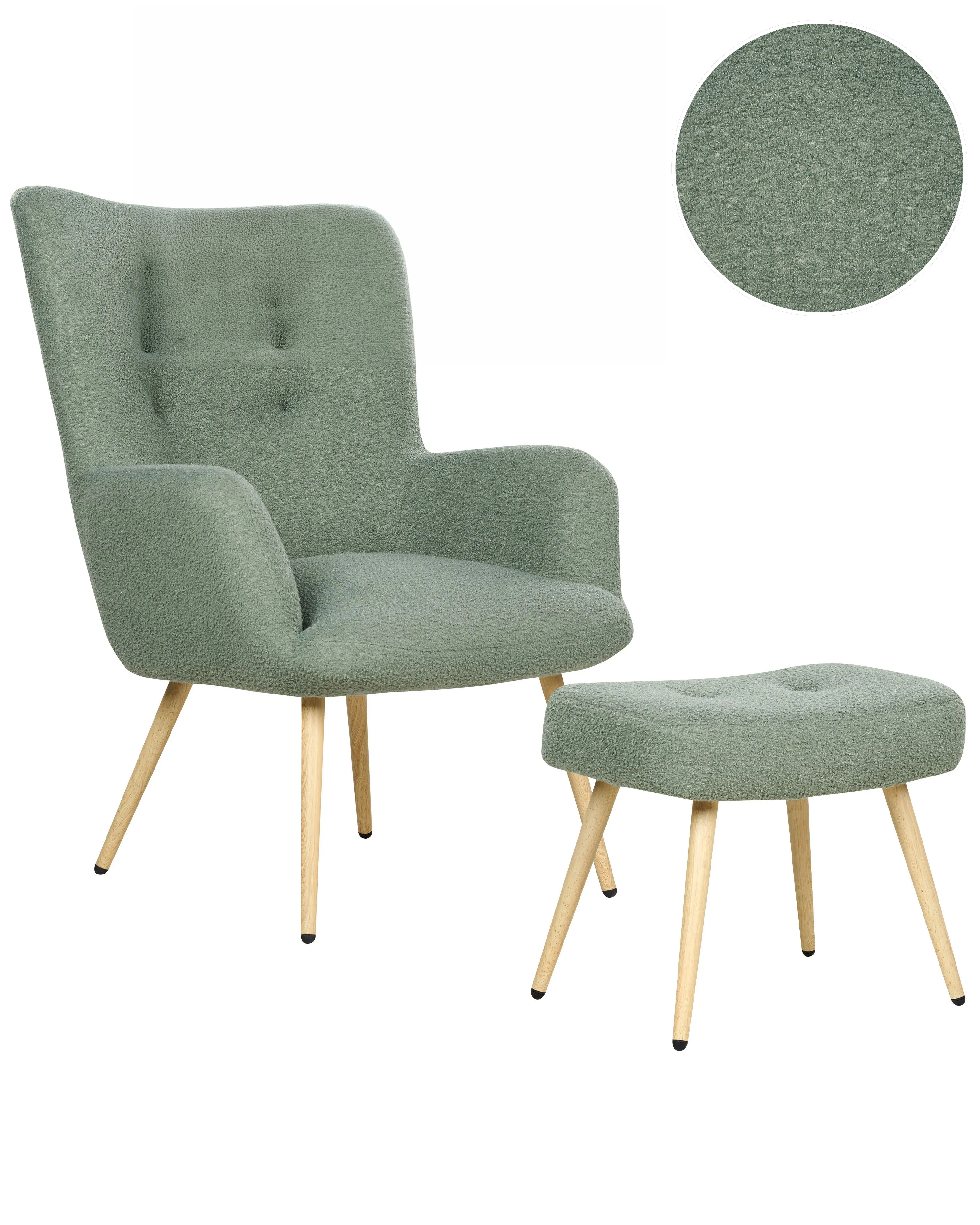 Wingback Chair VEJLE with Footstool Boucle Light Green