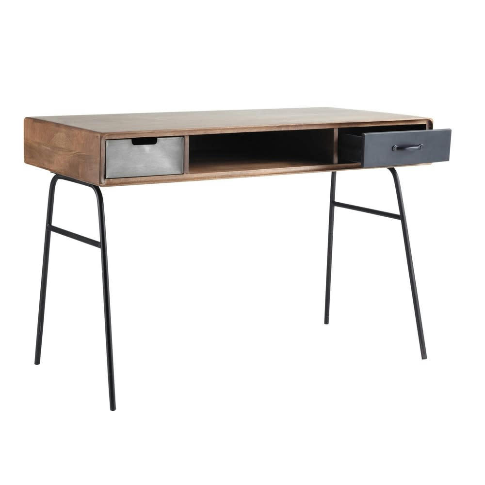 Lenox - Bureau vintage en manguier massif et métal