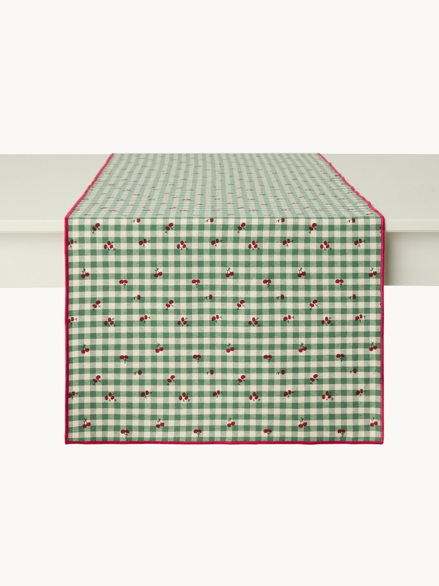 Runner in puro cotone vichy tinto filo con stampa ciliegie - Prezzo di lancio