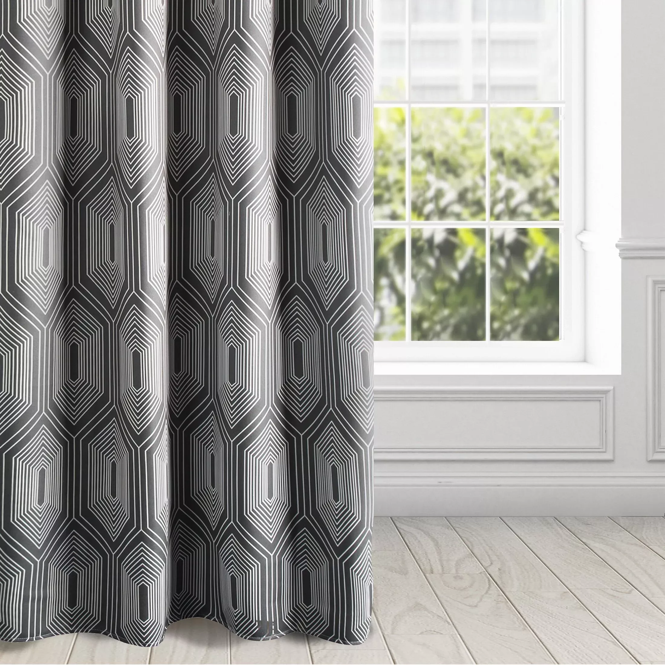 Zasłona grafitowo, biała z białym geometrycznym wzorem zaciemniająca 140x250 cm przelotka - DIADEM