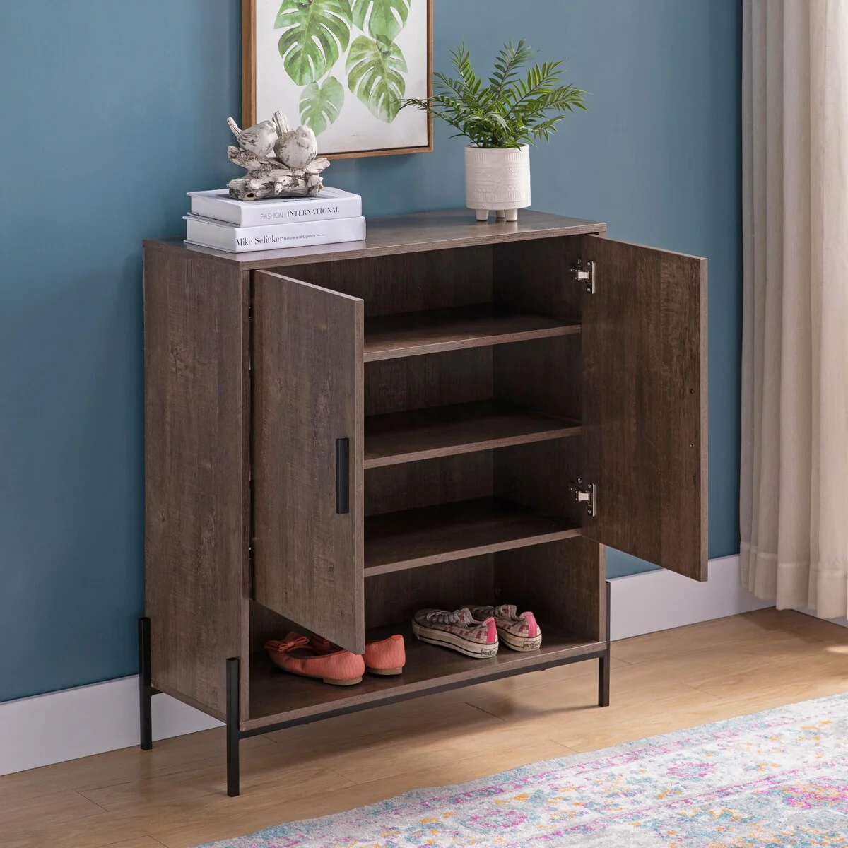 Home Entryway 5- Tier Shoe Organizing Cabinet with Open Bottom Shelve, Walnut Oak